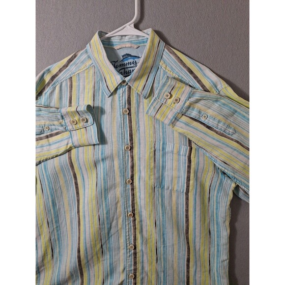 Tommy Bahama Relax Shirt Mens Large Blue Linen Striped Button Up Vacation - Picture 2 of 6